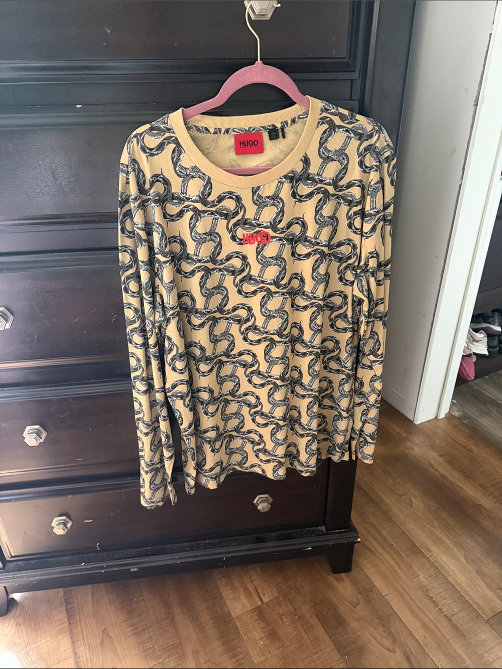 HUGO Beige Long Sleeve Top with Black Chain Print and Red Logo